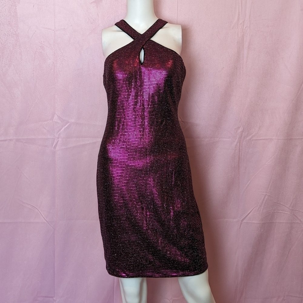 Guess Black and Dark Pink Sequins Halter Barbie Bodycon Mini Dress size 8